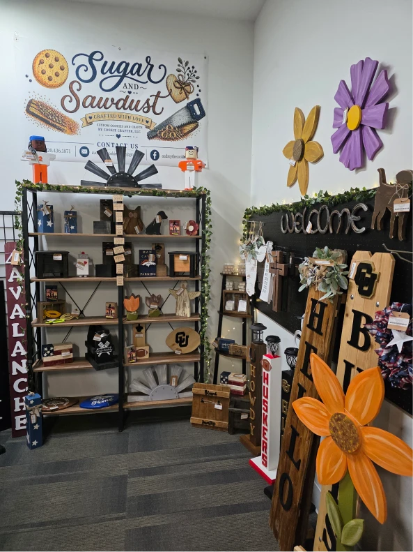 Workshop display of wood crafts
